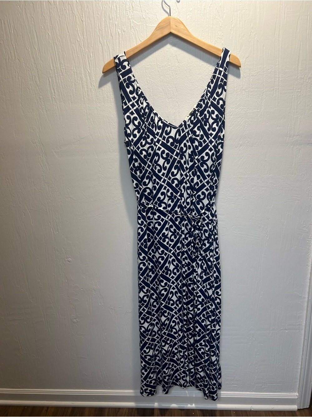 Boden V Neck Sleeveless Maxi Dress Prussian Blue Tie Belt Lightweight Flowy